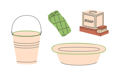 Eco-friendly cleaning products set. Soap, bucket, towel. Organic natural ecological cleaners, soap, brushes. Green housework stuff, clean home supplies. Flat graphic vector illustration isolated on