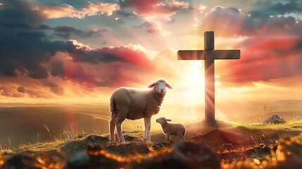 A sheep and lamb stand before a wooden cross silhouetted against a fiery sunset.