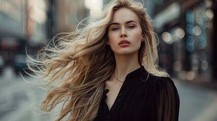 Obraz premium A woman with long blonde hair stands on a city street