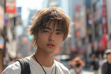 Fototapeta premium Photograph, clean Japanese idol face, male, fair skin tone, natural make-up, high-tone coloured hairstyle with fringes, white short-sleeved clothing, standing pose in Shibuya stree