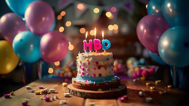 Birthday cake with candles spelling "HBD" surrounded by balloons and confetti.