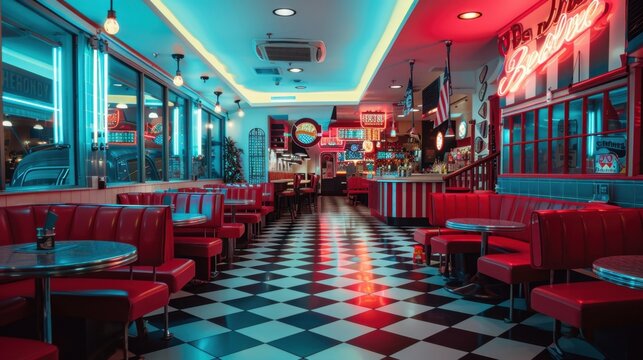 A retro diner-themed coffee shop with checkered floors, neon signs, and vintage diner booths, set in a nostalgic 1950s setting.