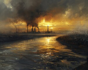 A river flowing through an industrial area, its surface covered with oily residue and smoke from nearby factories