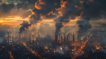 Fototapeta premium An industrial cityscape at night, the sky filled with smoke from factories and streetlights casting an eerie glow