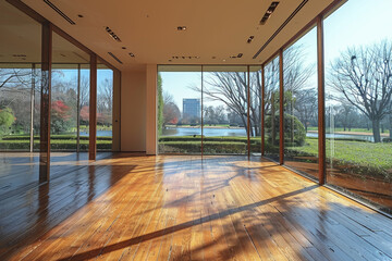 Fototapeta premium Large room with big windows and wooden flooring