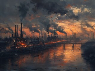 Naklejka premium An industrial skyline at twilight, the sky filled with smoke from factories and streetlights casting an eerie glow