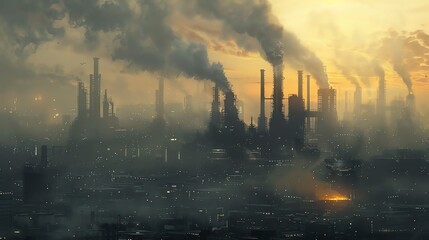 Obraz premium An industrial zone with numerous factories emitting dark smoke into the sky, polluting the air