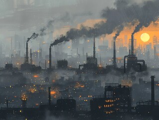 An industrial zone with numerous factories emitting dark smoke into the sky, polluting the air