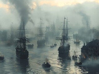 Obraz premium A bustling harbor with ships emitting smoke and pollutants, creating a heavy, oppressive atmosphere