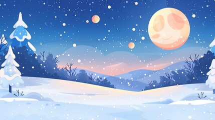 Snowy winter landscape with pine trees and full moon.