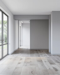Fototapeta premium Empty room interiors in neutral tones with minimal or no furniture in a residential interior design composition. Apartment interior with ample copy space.