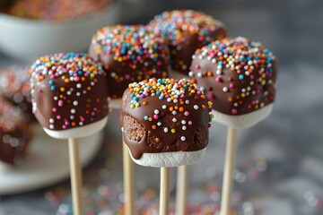 A close-up of a marshmallow pop dipped in chocolate and covered in sprinkles. 