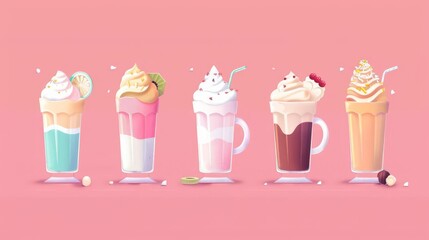 Three colorful milkshakes with whipped cream and cherries on a pink background.