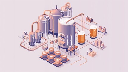 Isometric illustration of a brewery with tanks, pipes, and beer glasses.
