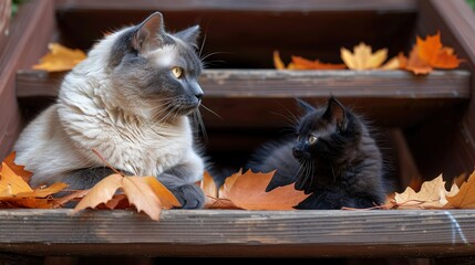   A few cats lounging together atop a mound of leaves on a wooden step