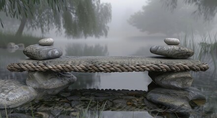 Fototapeta premium Delicate abstract ropes balance design stones against serene waters