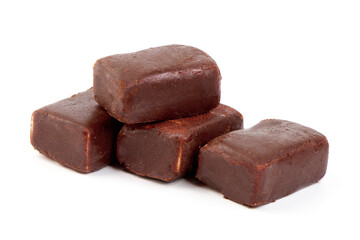 Cheesecake candy bar with chocolate glaze, chocolate curd cheese, isolated on white background.