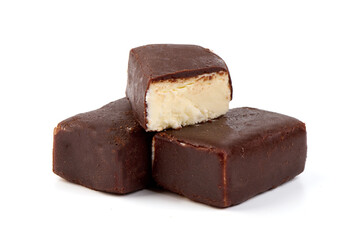 Cheesecake candy bar with chocolate glaze, chocolate curd cheese, isolated on white background.