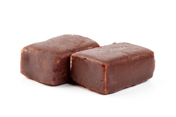 Cheesecake candy bar with chocolate glaze, chocolate curd cheese, isolated on white background.