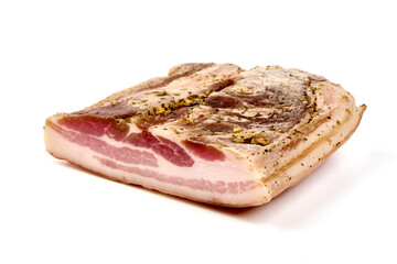 Homemade salted pork belly with garlic and spices, isolated on white background.