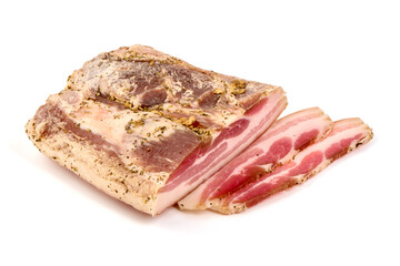 Homemade salted pork belly with garlic and spices, isolated on white background.