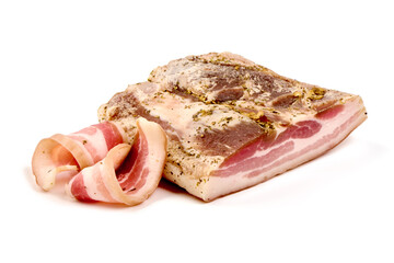 Homemade salted pork belly with garlic and spices, isolated on white background.