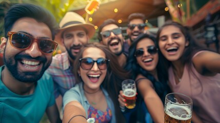 A photograph of a group selfie of young friends having fun together at an outdoor party. Indian men and women wearing sunglasses holding beer glasses in hand while smiling at the camera, cheering with