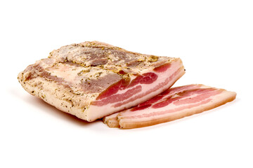 Homemade salted pork belly with garlic and spices, isolated on white background.