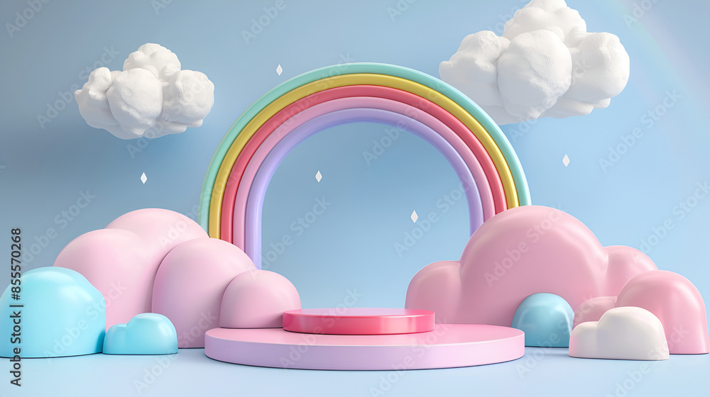 Poster 3d render, abstract minimal scene with podium, rainbow and clouds,3d render of white cloud, rainbow 