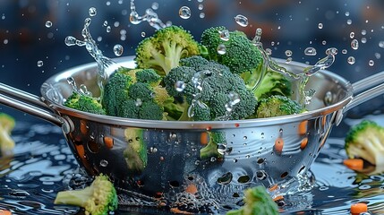   A colander with broccoli splashing water