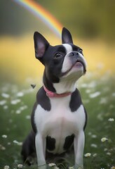 A cool Boston Terrier standing in a field of daisies with butterflies fluttering around and a rainbow in the background pet p