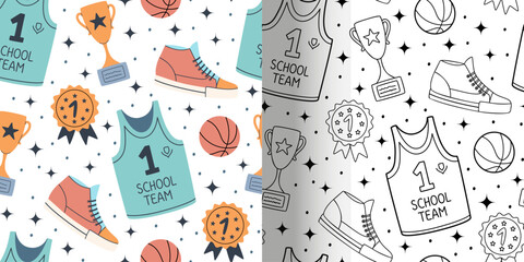 Naklejka premium Back to school. Set of seamless pattern in flat design. Doodle and colored pattern with school supplies in simple style. Vector illustration. 
