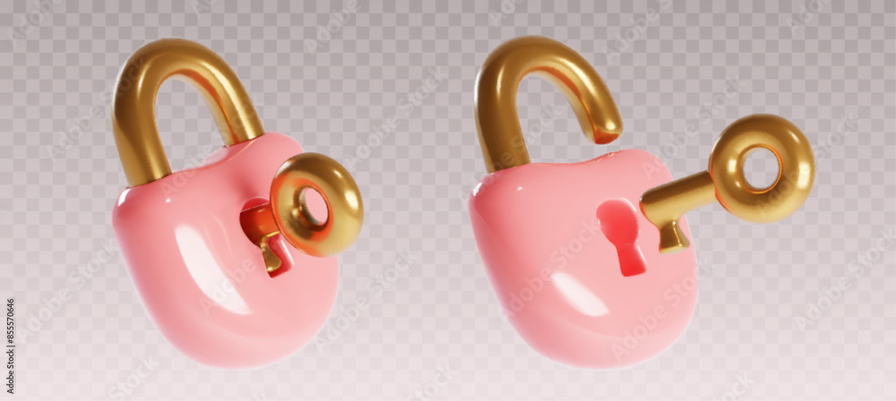 Poster 3d lock pink secure padlock with key to safe open. password locker isolated illustration for privacy