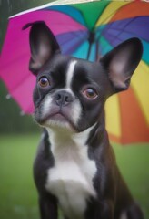 A cool Boston Terrier peeking out from a colorful umbrella on a rainy day with raindrops splashing around pet photography ad