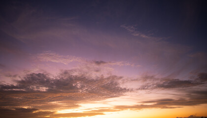 Sunset clouds are gathering. Panoramic sunrise or sunset sky with clouds. Sunset Sky on Twilight in the Evening with Sunset. Cloud Nature Sky Backgrounds. Sky Sunrise, Dusk clouds.