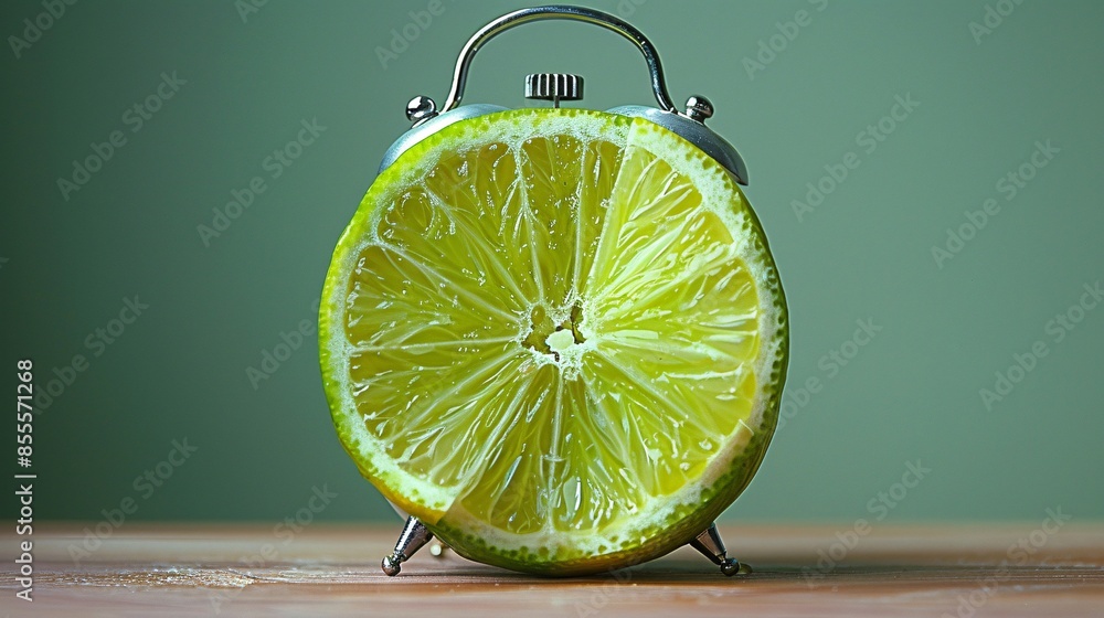 Poster in a creative twist on timekeeping, an alarm clock's face is ingeniously replaced by a sliced lime f