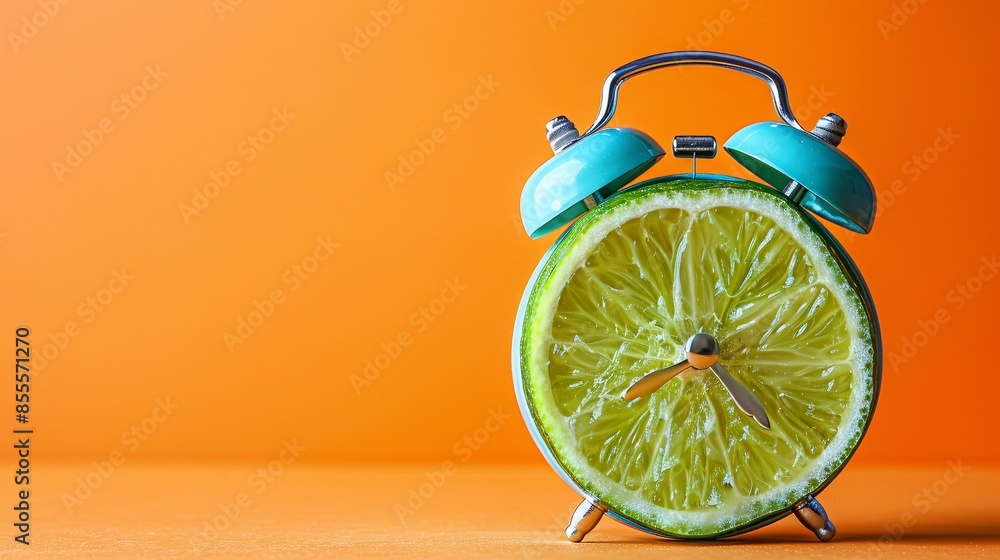 Poster against a minimalist backdrop, an alarm clock is creatively replaced with a halved lime fruit, formi