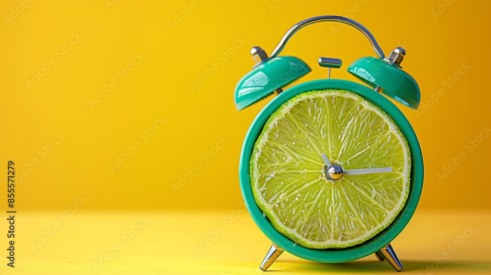 Poster in a creative twist on timekeeping, an alarm clock's face is ingeniously replaced by a sliced lime f
