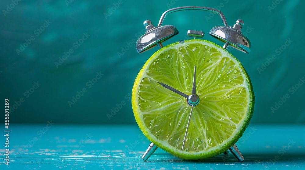 Poster in a creative twist on timekeeping, an alarm clock's face is ingeniously replaced by a sliced lime f