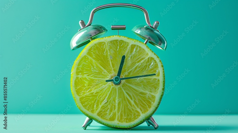 Poster against a minimalist backdrop, an alarm clock is creatively replaced with a halved lime fruit, formi