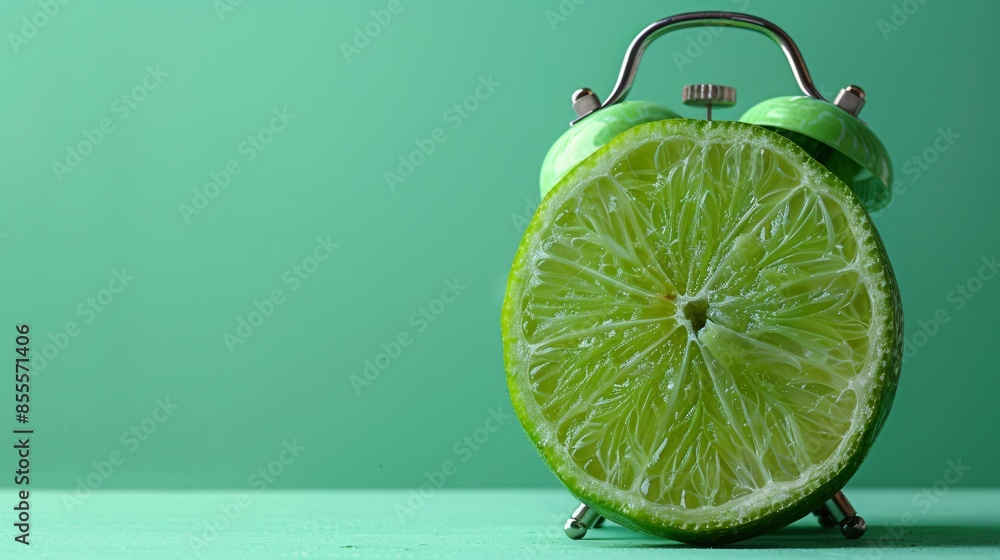 Poster against a minimalist backdrop, an alarm clock is creatively replaced with a halved lime fruit, formi
