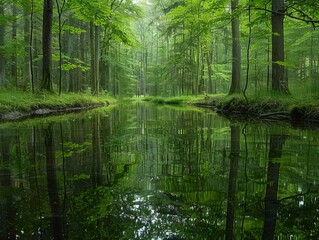 the view of the rainforest with pine trees and the reflection of the forest from the clear river water provides a calming, cool and relaxing effect. nature theme wallpaper concept