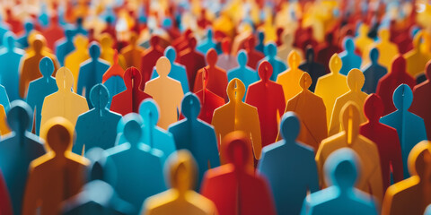 Banner background of a colorful crowd of people made of cut-out paper representing a dense mob gathered at a public event