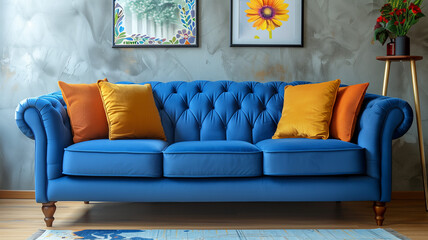 Stylish modern living room interior with a blue sofa, furniture, plants, and elegant personal accessories. Home decor inspiration.