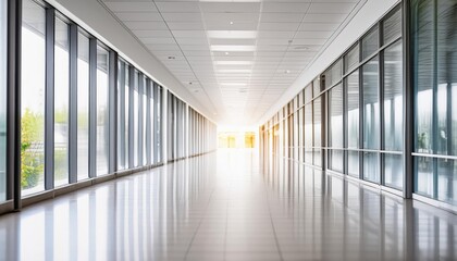 Hospital corridor with bright interior and blurred background for text