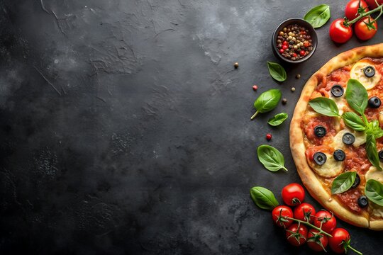 Pizza mit Zutaten Top View - Schwarzer Hintergrund