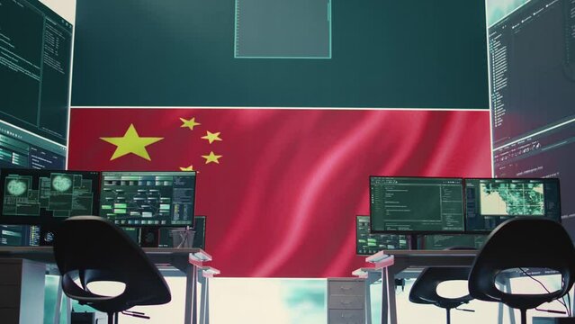 Empty cyber security room presenting a Chinese flag on big screen, showcasing propaganda and cybercrime. Focus on communism and autocracy, hybrid war tactics and fake news spread. Camera B.