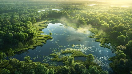 the essence of outdoor nature from the air, featuring expansive fields, forests, and serene bodies of water