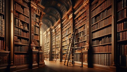 majestic library full of classic books with a rolling ladder attached to the bookshelf.