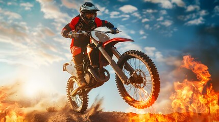 Fototapeta premium Extreme motocross Rider riding. motocross race bike in action on dirt track. with fire. by ai generative